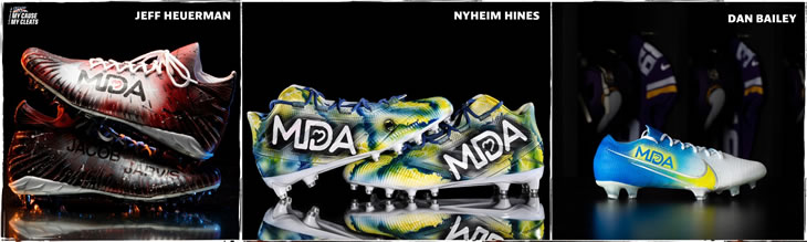  NFL's My Cause My Cleats charitable campaign features cleats raising awareness for Muscular Dystrophy Association by Jeff Heuerman/Denver Broncos; Nyheim Hines/Indianapolis Colts; Dan Bailey/Minnesota Vikings. 