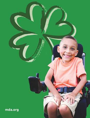 Jordan lives with neuromuscular disease and is representing the Muscular Dystrophy Association's Shamrocks campaign in this year's pinups in 20,000 retailers nationwide.