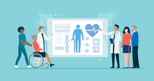 Image of animated patients and doctors looking and point at a medical chart