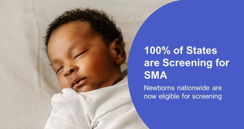 A sleeping baby with the text 100% of States are Screening for SMA