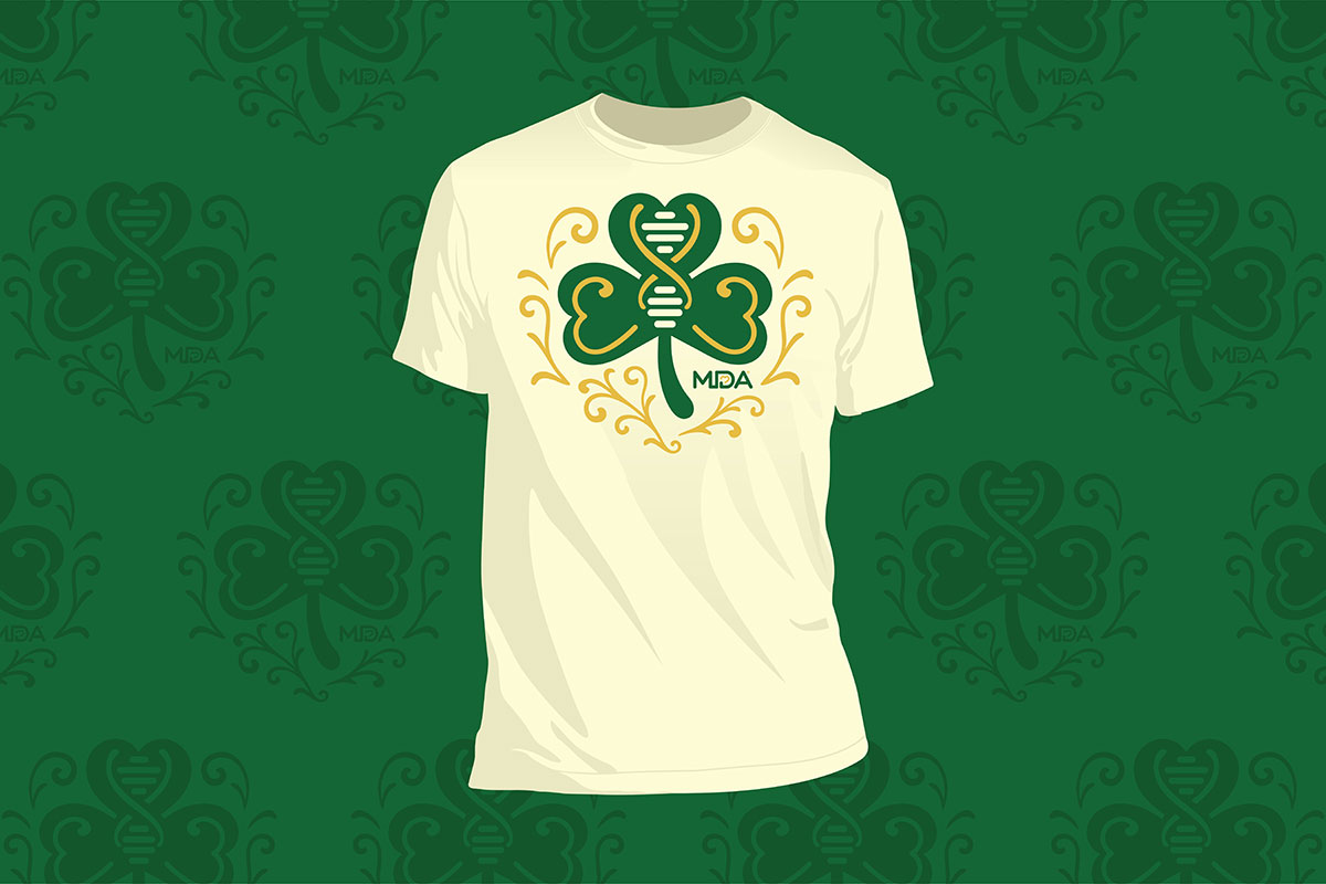 Matt Plummer, MDA Board Member and Creative Director at UTPB, living with SMA, designed the iconic 2026 MDA Shamrocks t-shirt to raise funds for MDA’s mission. 