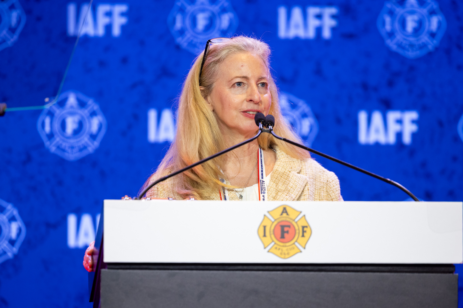 Sharon Hesterlee, PhD, President and CEO of the Muscular Dystrophy Association, speaks about 72 years of partnership and a collaborative focus on ALS at the International Association of Fire Fighters at the 2026 the IAFF Biennial Convention in Arlington, Texas in August 2026.