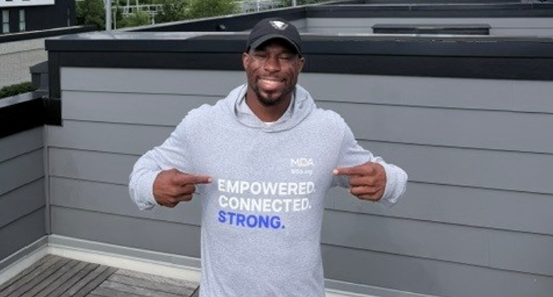 Nyheim Hines, MDA National Spokesperson and former NFL player wears the ‘MDA Strong’ in support of his mother living with limb-girdle muscular dystrophy. Supporters donating $50 or more to the campaign will receive the shirt while supplies last. 