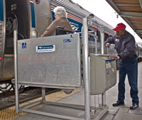 Amtrak assists wheelchair users in accessing their trains with station-based mobile lifts and bridge plates.