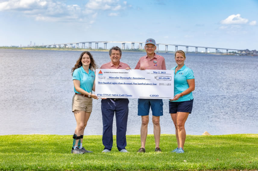 L to R: Celebrating the check presentation at the CITGO Lake Charles Refinery 37th annual Golf Classic at the Lake Charles Country Club with MDA Ambassador Aeryn Doucet, Donald S. Wood, Ph.D., President and CEO of the Muscular Dystrophy Association with Sterling Neblett, Vice President & General Manager of the Lake Charles Manufacturing Complex, and Missy Amidon, Public Affairs Manager, CITGO Government & Public Affairs.