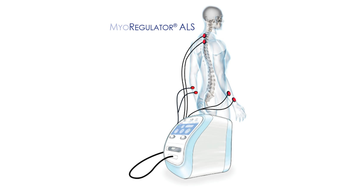 An animated Image of the PathMaker’s MyoRegulator ALS device – The MyoRegulator attached to a tansparent human body