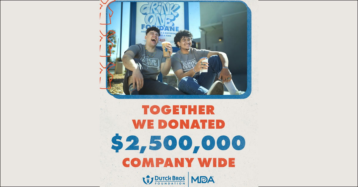 Image of two peopl laughing and drinking coffee. Together we donated $2,500,000 company wide.