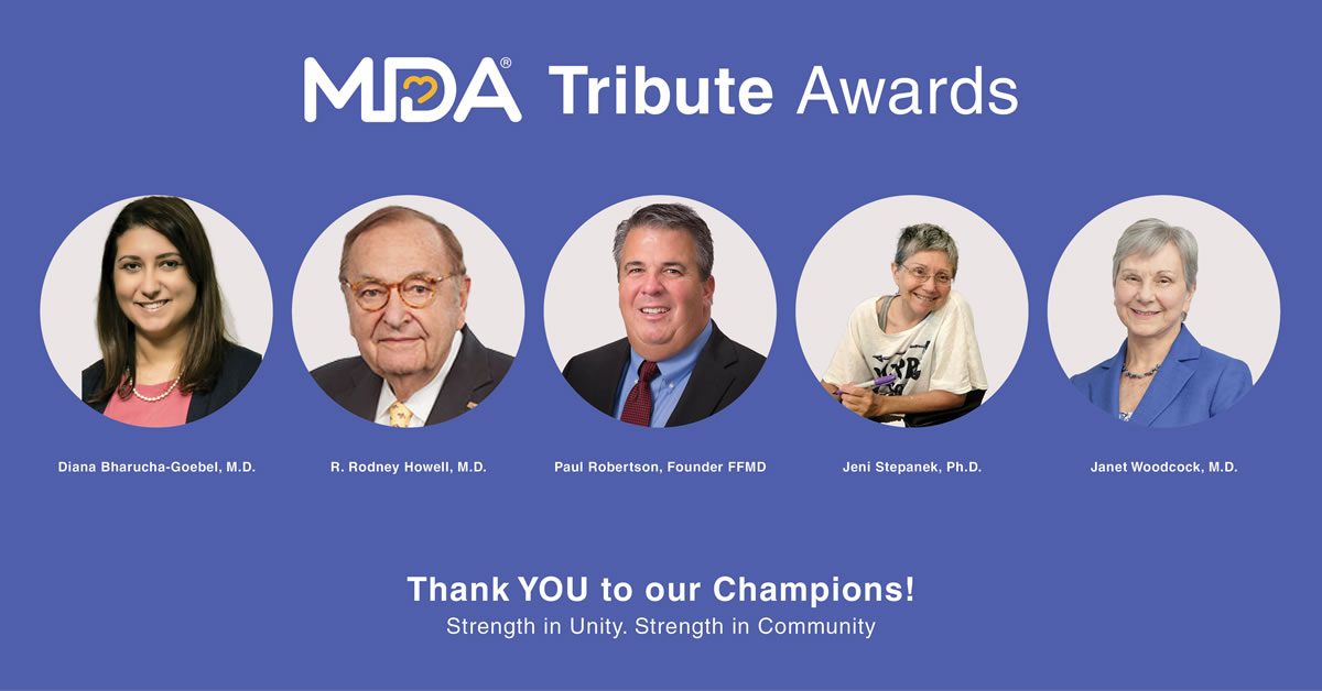 MDA Tribute Awards banner with headshots of various men and women.