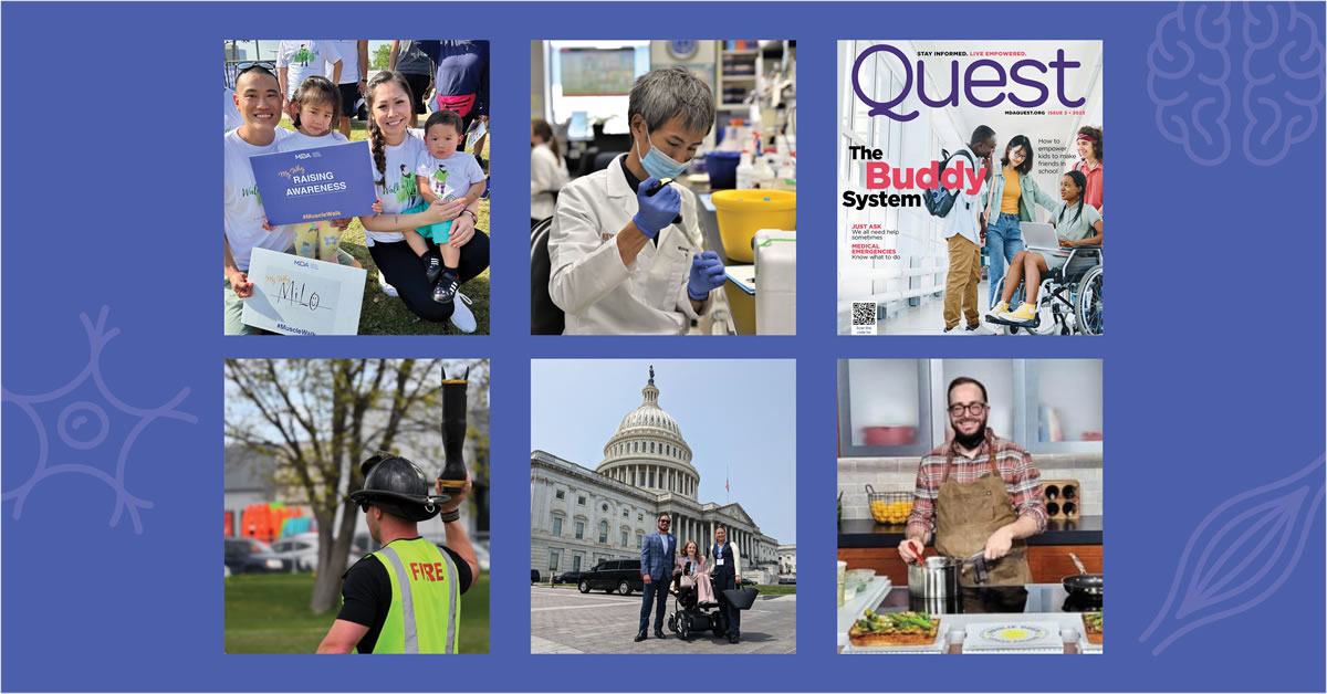 Collage of small images related to MDA, A family posing for a picture. A scientist injecting something into a test tube. The Cover of the MDA Quest Magazine. A firefighter holding up a big firemens boot. 3 people standing in from of the capital building. A chef preparing food.