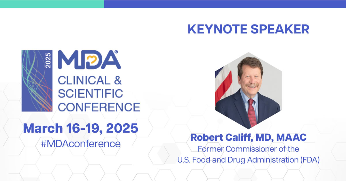MDA Clinical & Scientific Conference logo and headshot of keynote speaker, Dr. Califf
