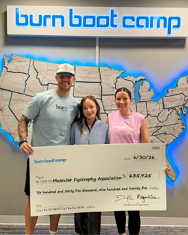Burn Boot Camp Co-Founders Morgan and Devan Kline with MDA National Ambassador Lily Sanders at Burn Boot Camp Headquarters in North Carolina in 2026.