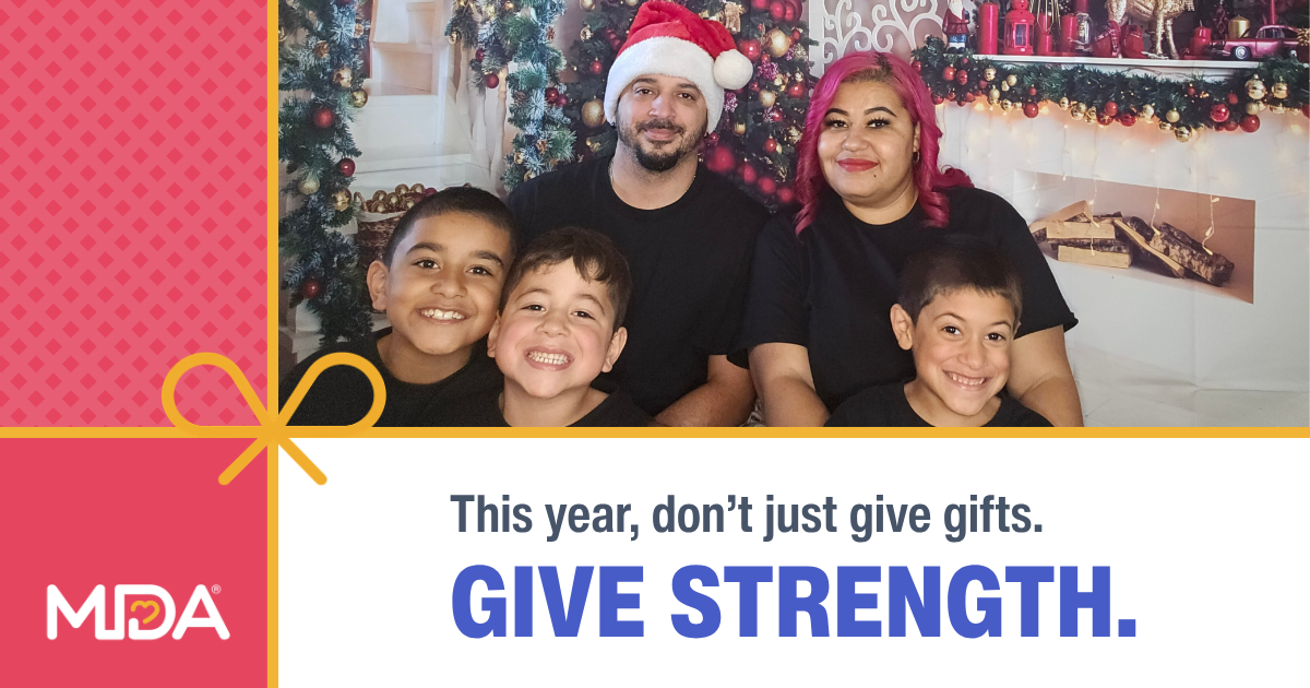 The MDA Holiday Pinup campaign puts real faces and stories behind the impact of community support for people living with neuromuscular diseases. MDA Ambassadors featured in the campaign include Kenzie from Missouri, living with spinal muscular atrophy (SMA), Leo in Utah, living with Duchenne muscular dystrophy (DMD), Javen in Florida, living with Pompe disease (featured in photo with his family), and Tasha Wilson from Ohio, living with myasthenia gravis (MG).