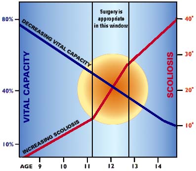 Scoliosis surgery in Duchenne dystrophy can't be put off too long, because vital capacity, the volume of air inhaled and exhaled, continues to fall