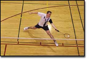 Once teased in gym class, Lossin is now mopping up the badminton court. He's learned to manage his myotonia by warming up before intense activity. Photos by Anne Pollo.