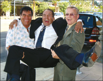 Hafey and former ring opponent Ruben Olivares hoist Hafey's old sparring partner, Bobby Chacon. All were on hand for the debut of Toy Tiger, a new DVD documentary about Hafey's boxing career.